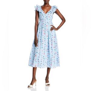 Banjanan Maya Cotton Ruffled Foliage Floral Dress, Blue, NWT, Size S